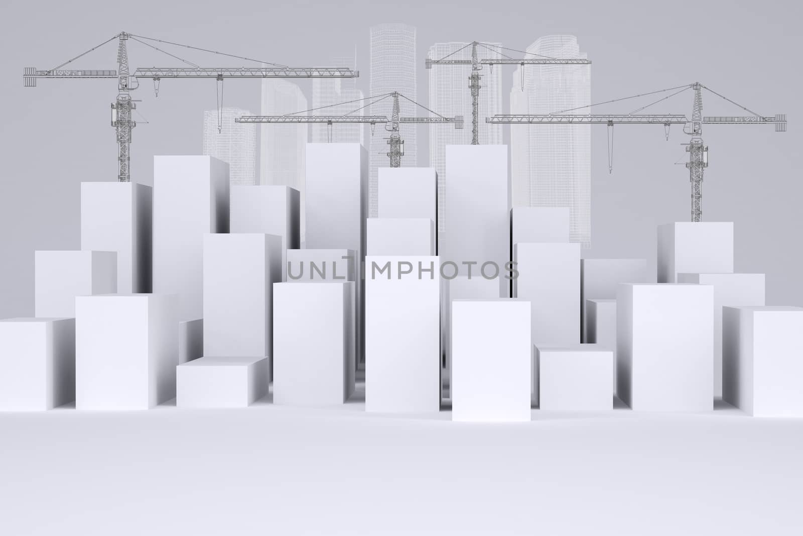 Many white cubes with wire-frame buildings and tower cranes on gray background. Concept of urban construction