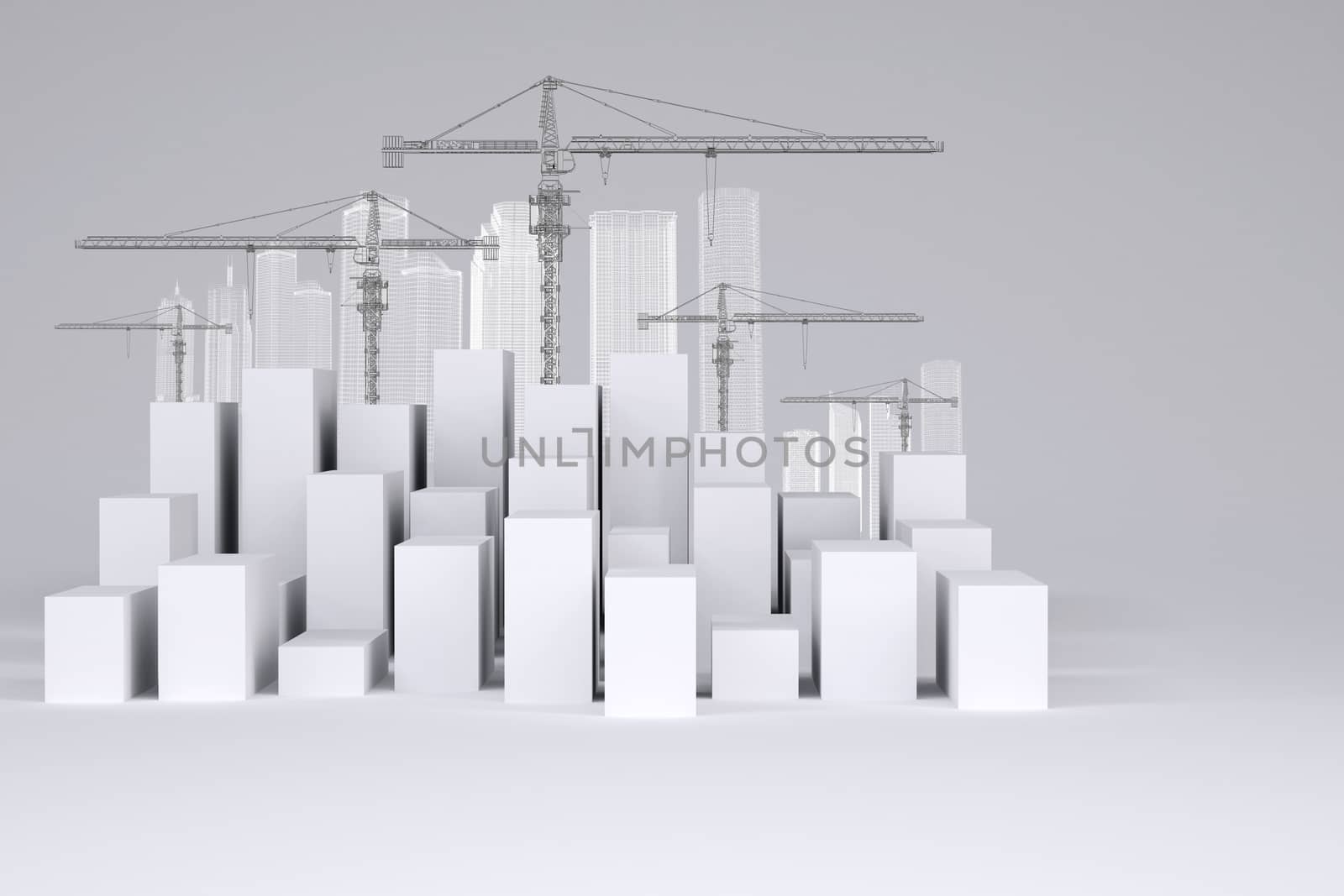 Minimalistic city of white cubes with wire-frame buildings and tower cranes on gray background. Concept of urban construction