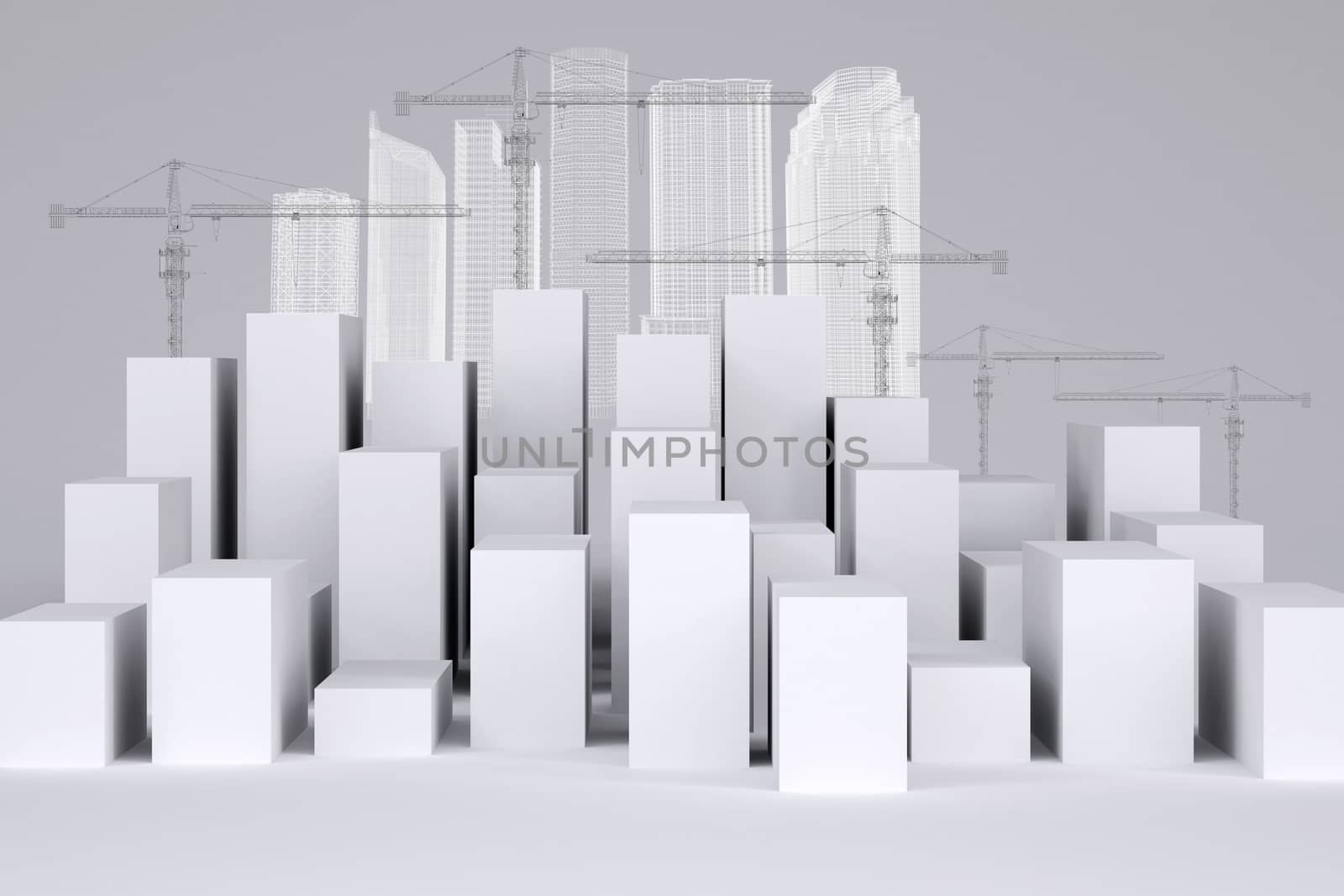 White cubes with wire-frame buildings and tower cranes by cherezoff