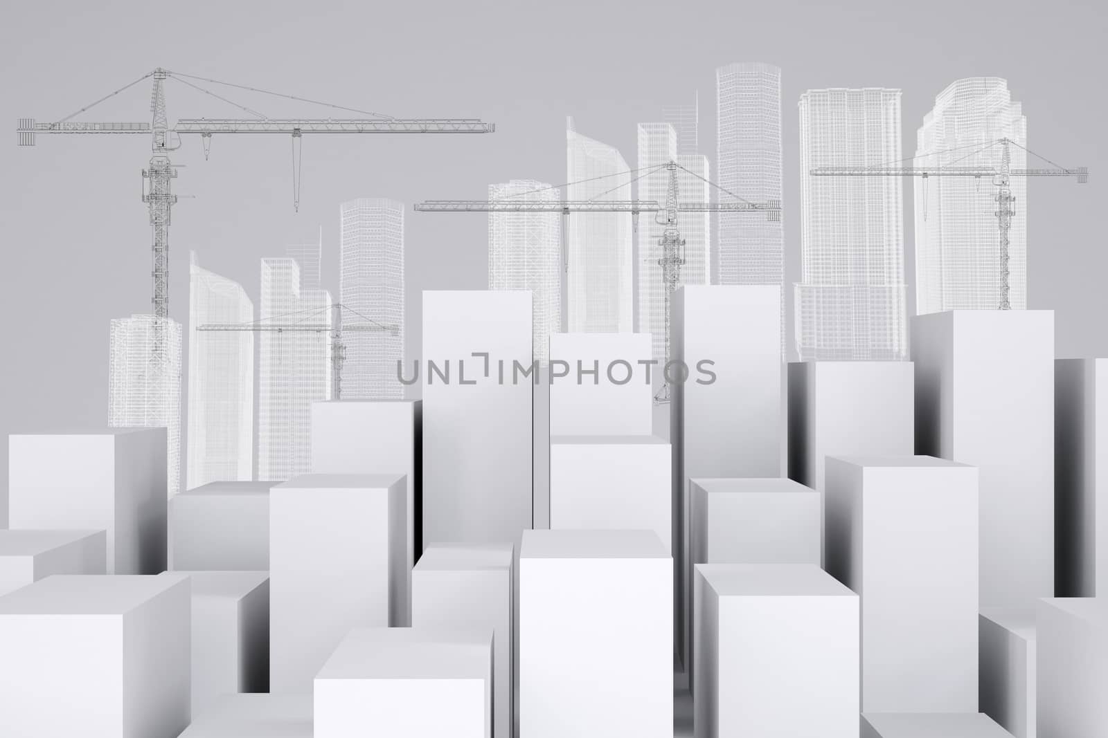 Many white cubes with wire-frame buildings and tower cranes on gray background. Concept of urban construction