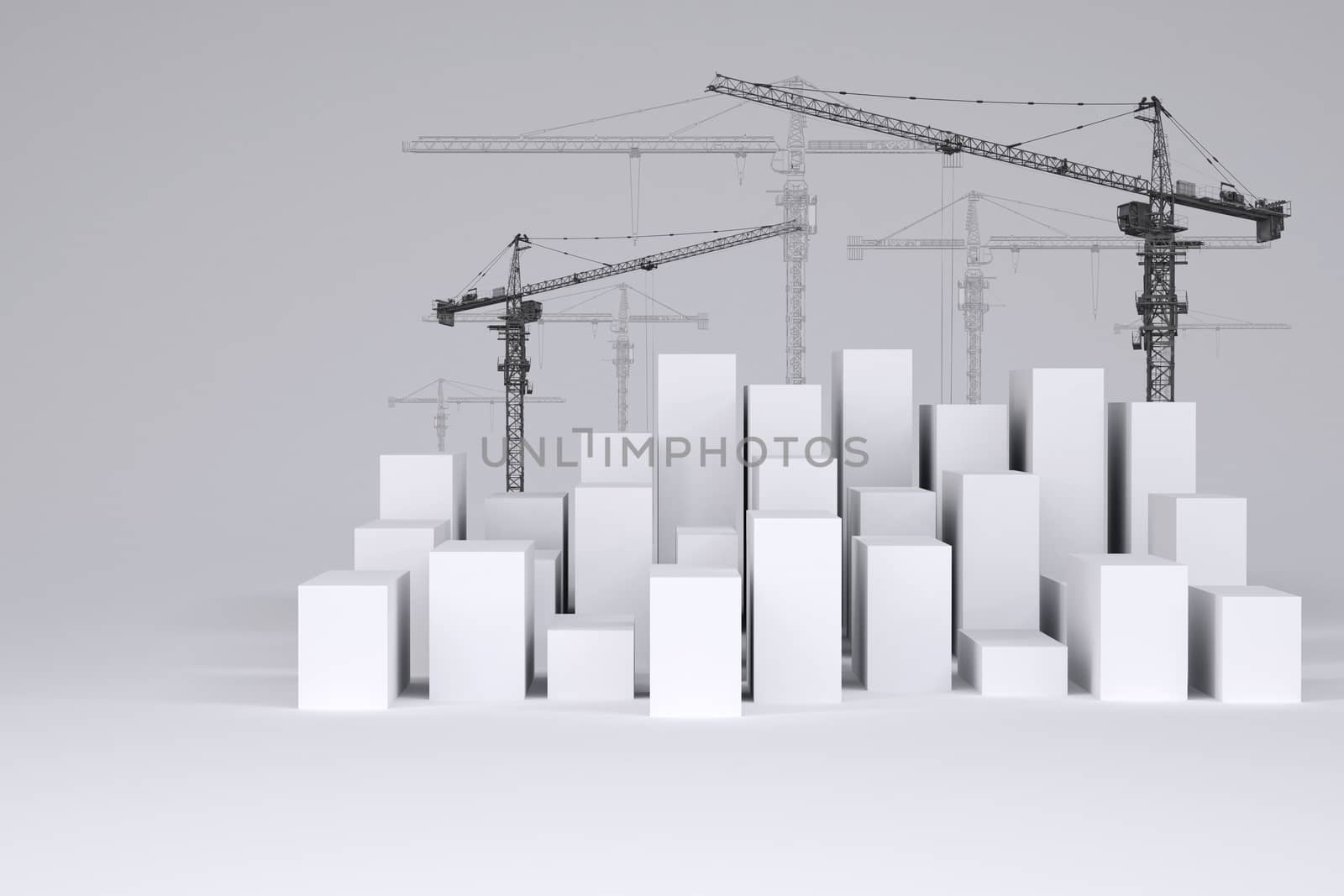 White cubes with tower cranes on gray background. Concept of urban construction