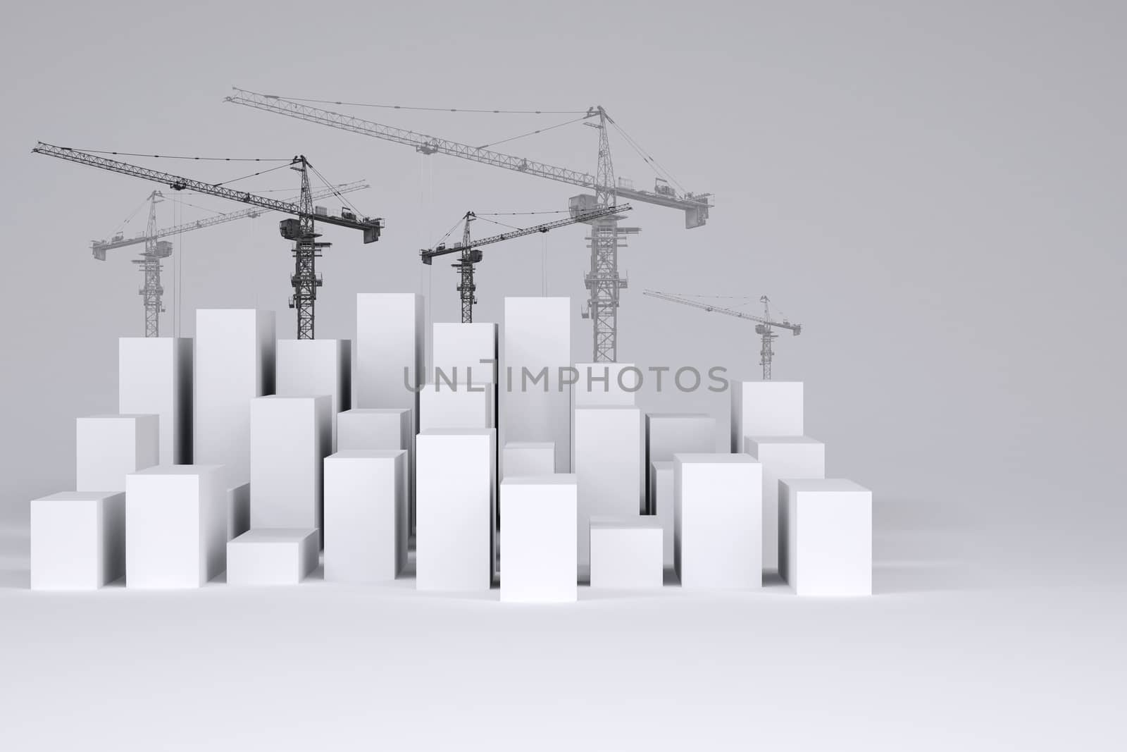 White cubes with wire-frame tower cranes on gray background by cherezoff