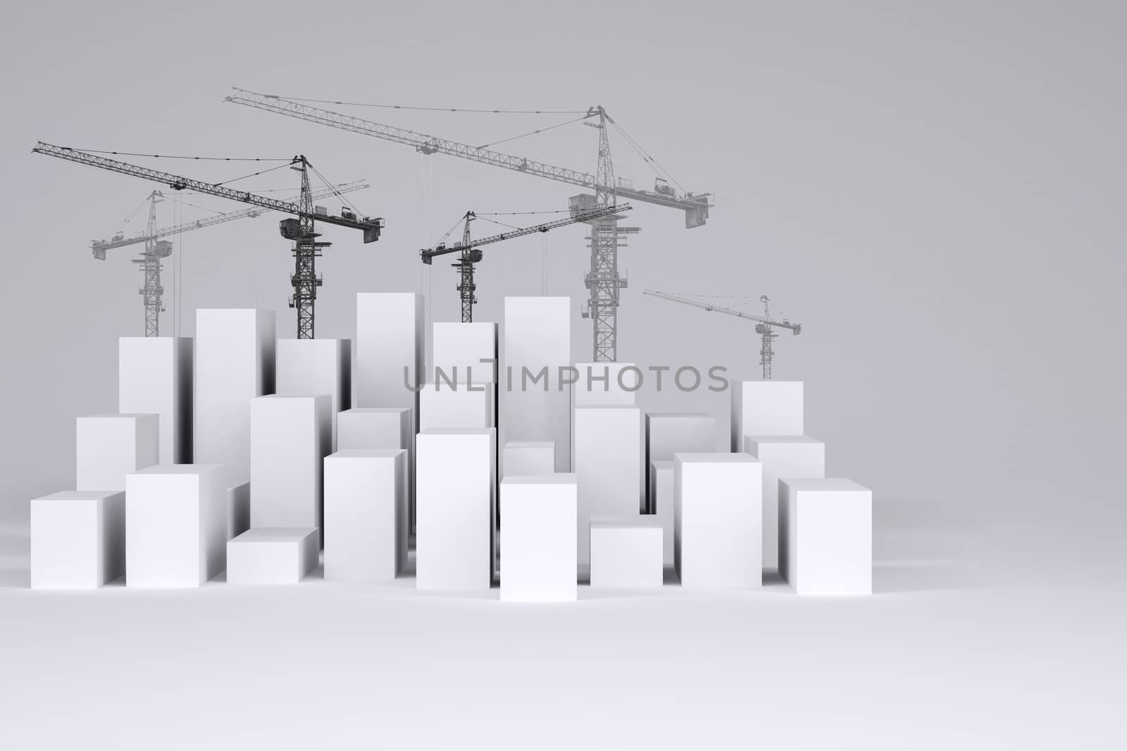 White cubes with wire-frame tower cranes on gray background. Concept of urban construction