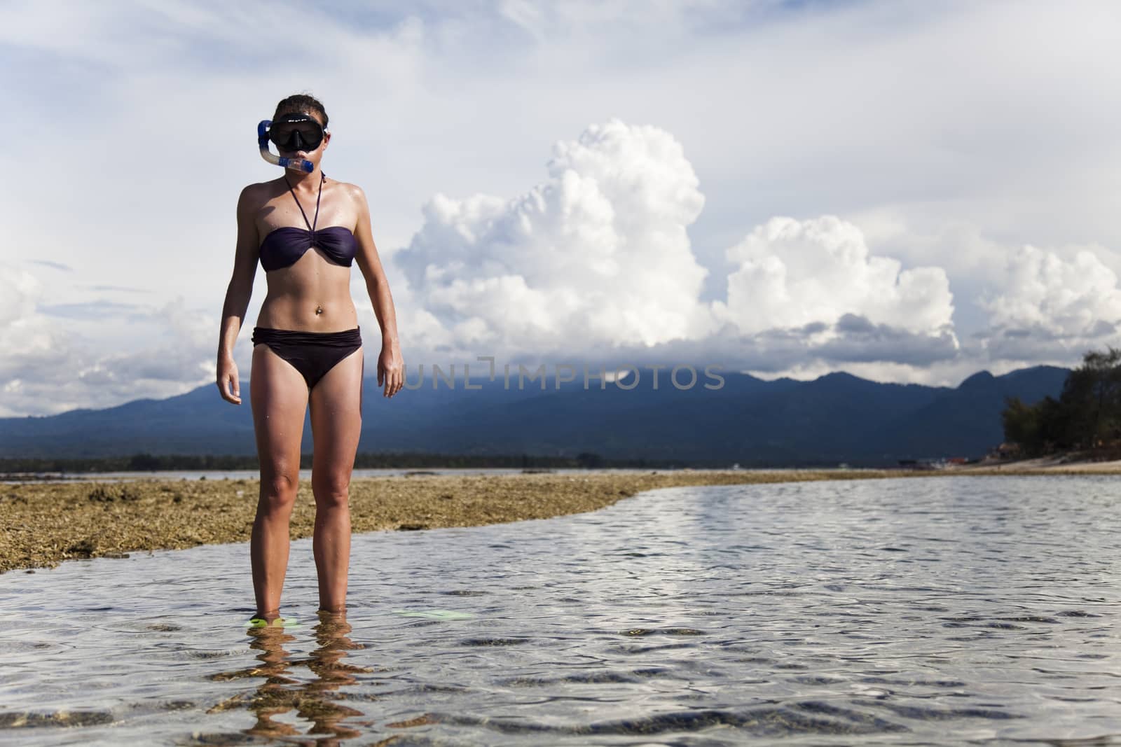 Island woman and diving, bright colorful vivid theme