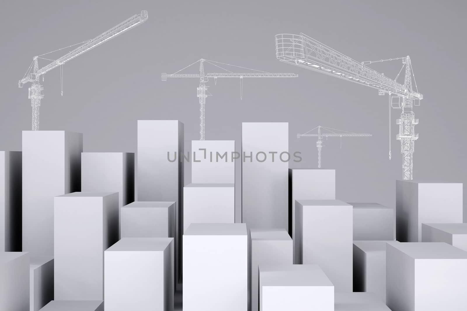Minimalistic city of white cubes with wire-frame tower cranes. Cropped image by cherezoff