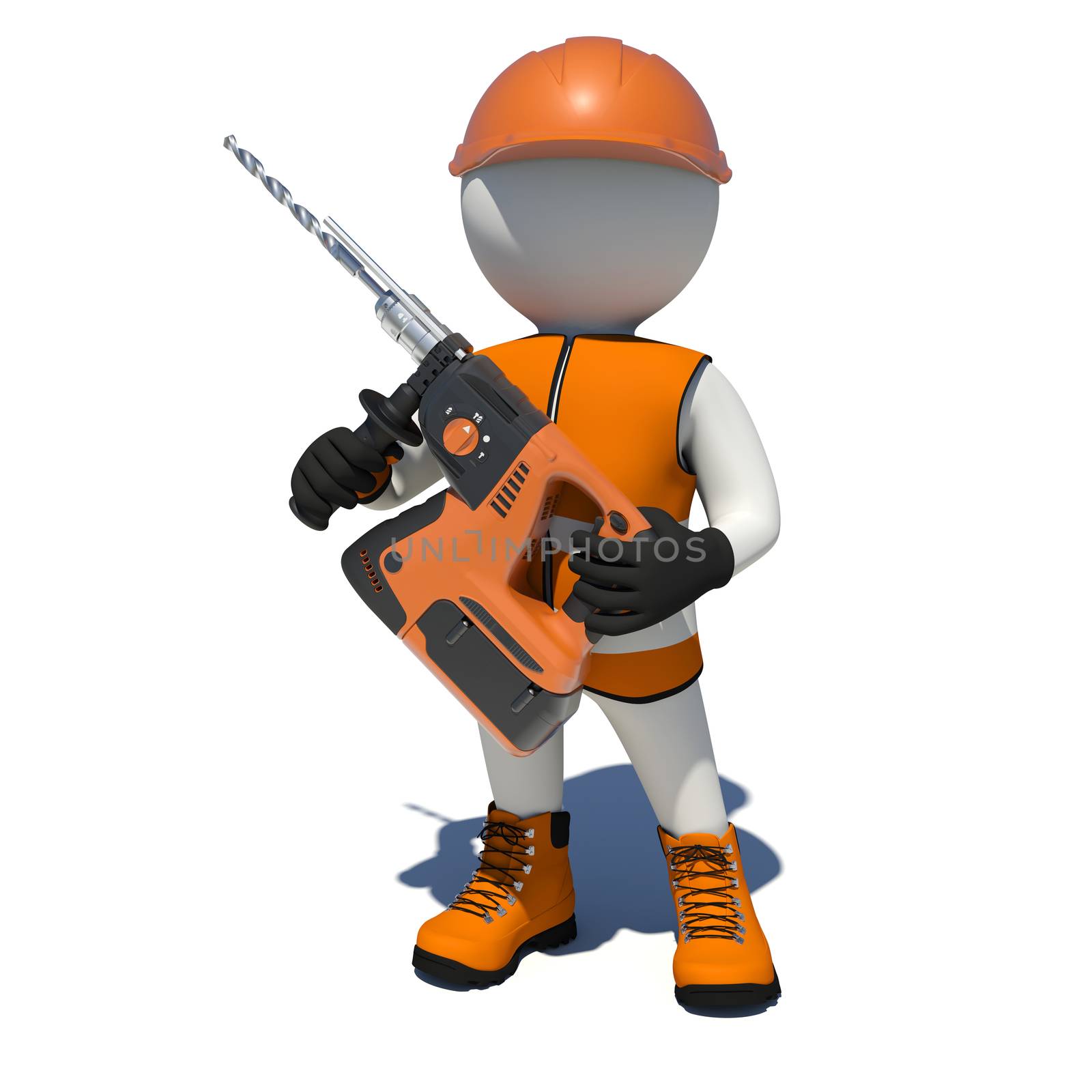 Worker in vest, shoes and helmet holding electric perforator. Front view. Isolated render on white background