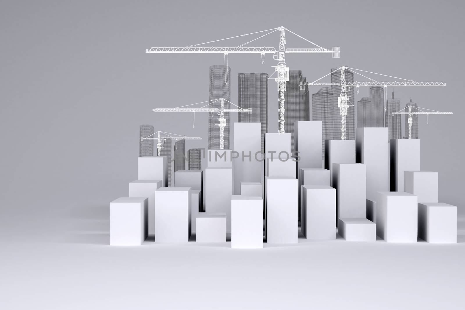 White cubes with wire-frame buildings and tower cranes on gray background. Concept of urban construction