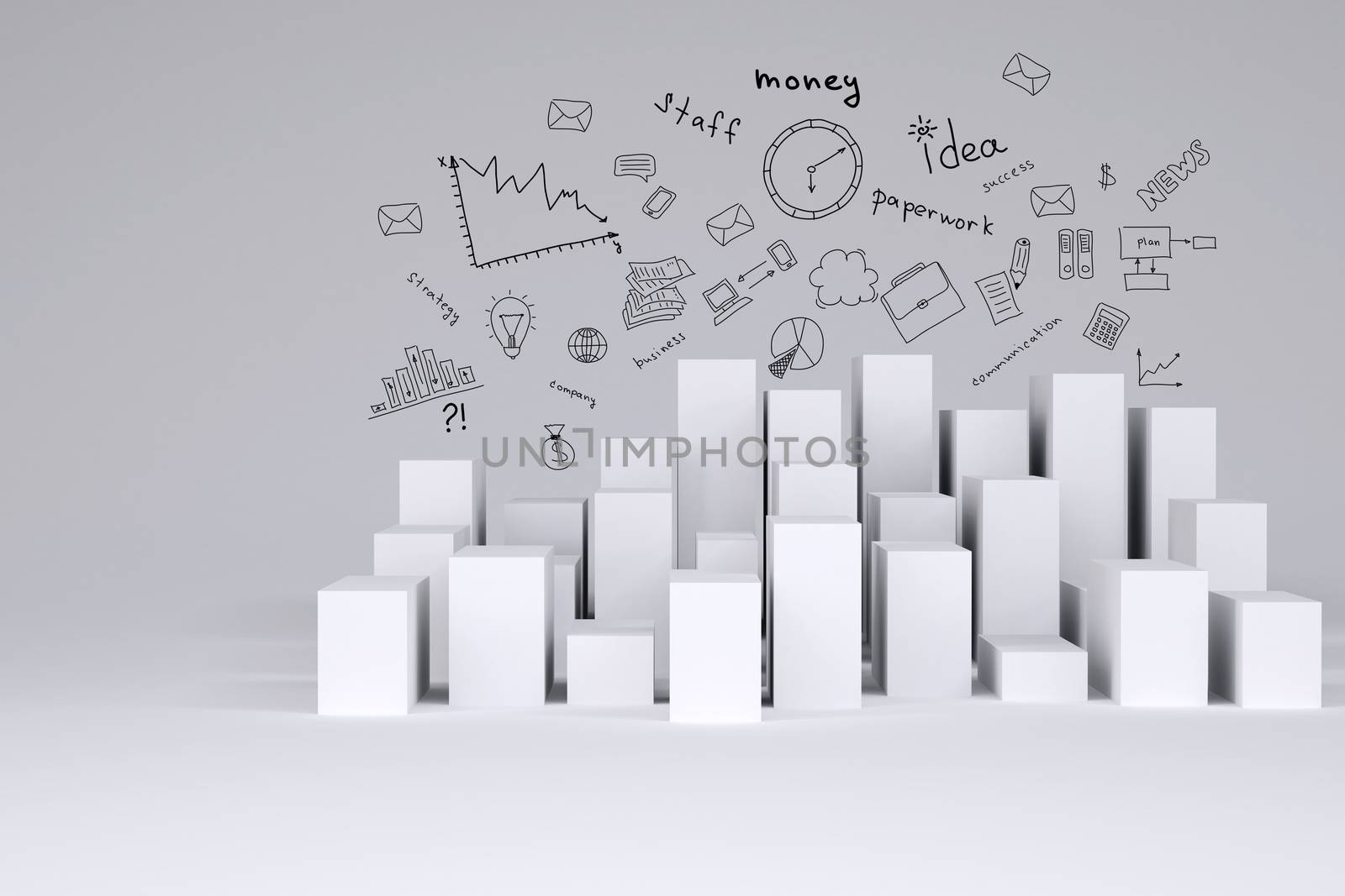 Minimalistic city of white cubes with business sketches on gray background. Concept of urban construction