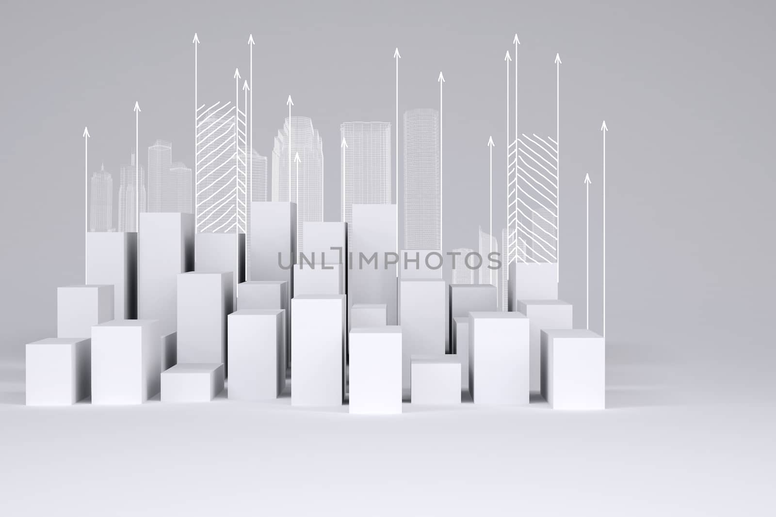 Minimalistic city of white cubes with wire-frame buildings and arrows up on gray background. Concept of urban construction