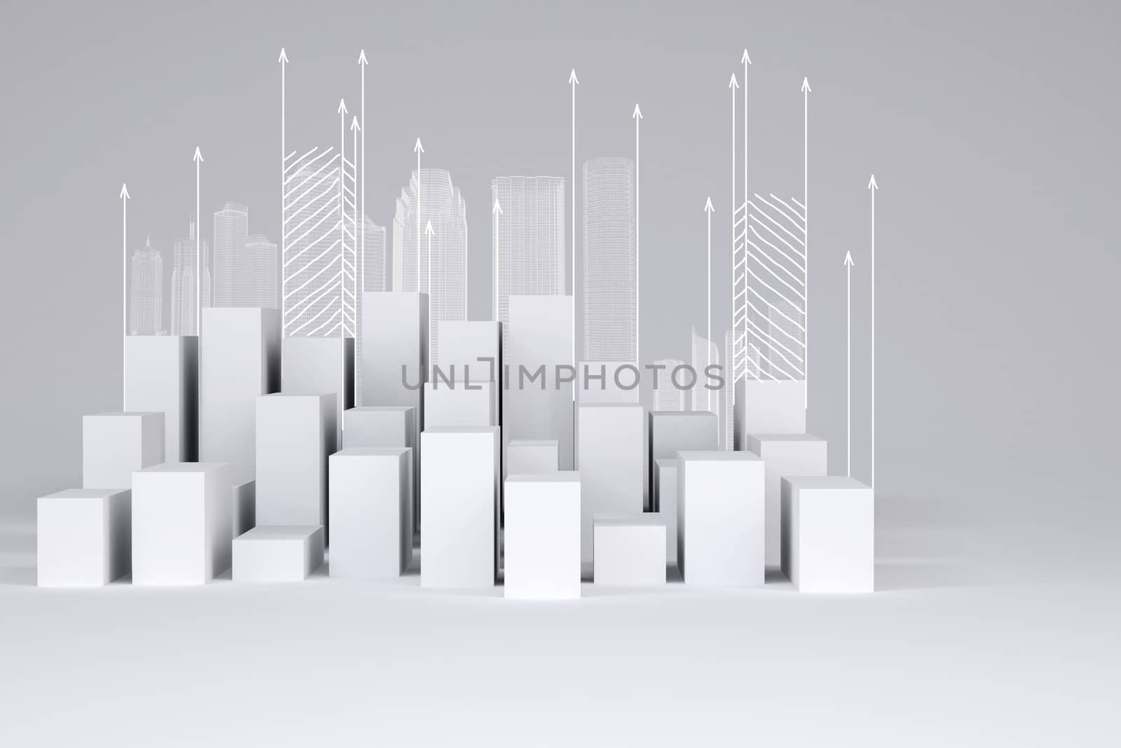 Minimalistic city of white cubes with wire-frame buildings and arrows up by cherezoff