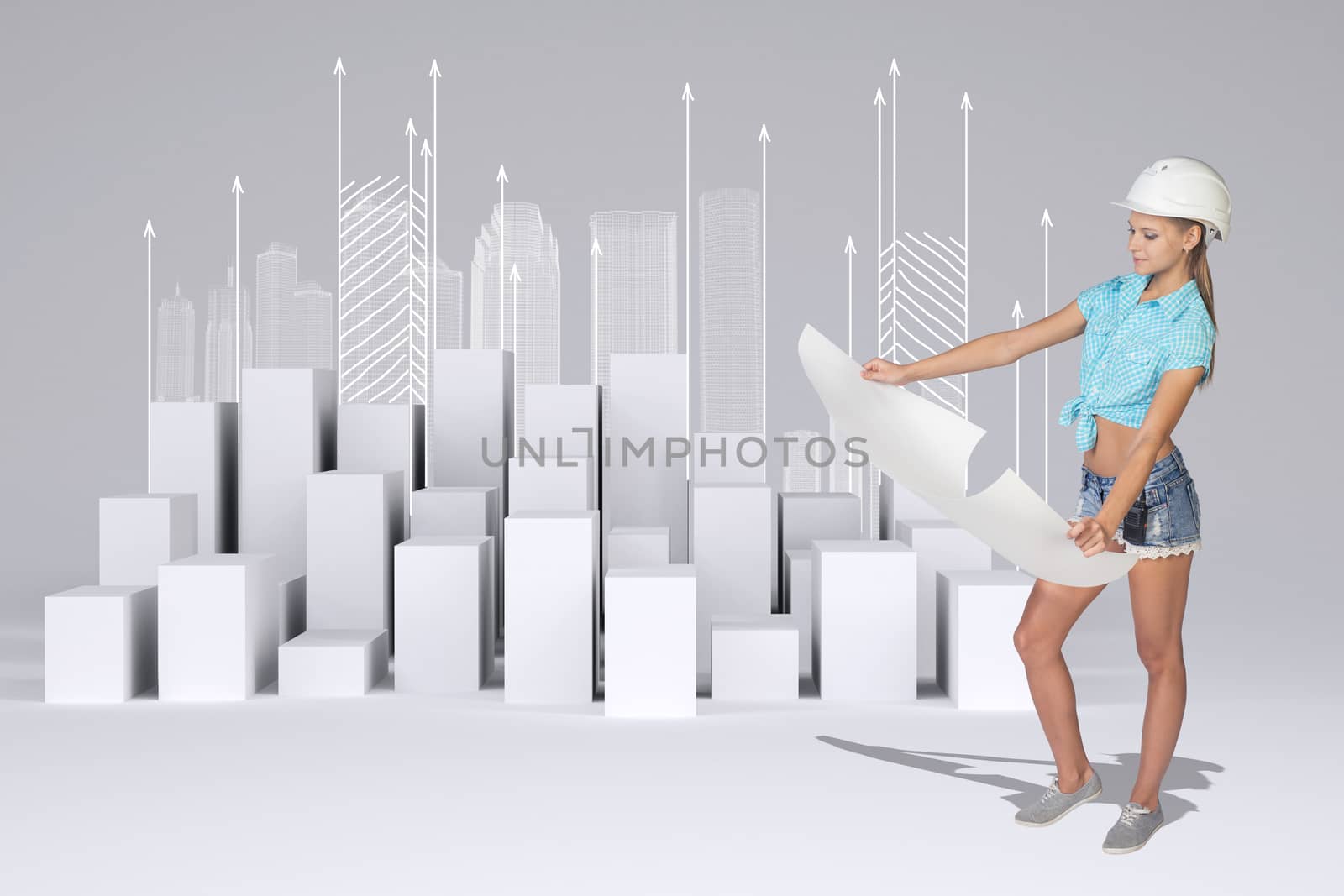 Beautiful girl in working clothes looking at empty paper sheet. Minimalistic city of white cubes with wire-frame buildings and arrows on gray background