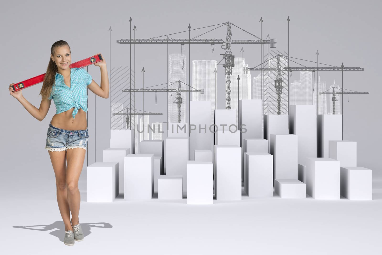 Worker holding builders level on shoulders. White cubes with tower cranes by cherezoff