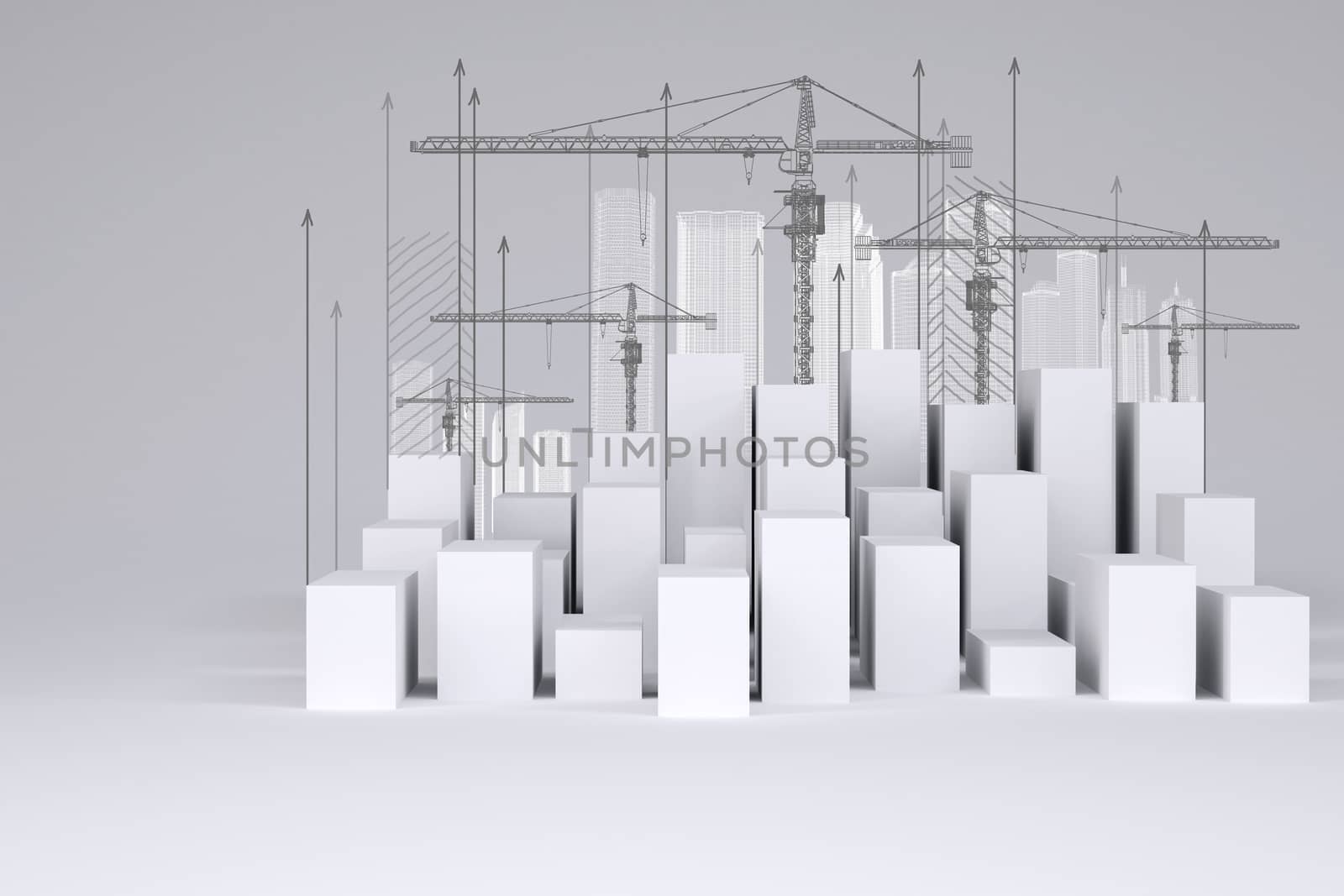 Minimalistic city of white cubes with wire-frame buildings, tower cranes and arrows up by cherezoff