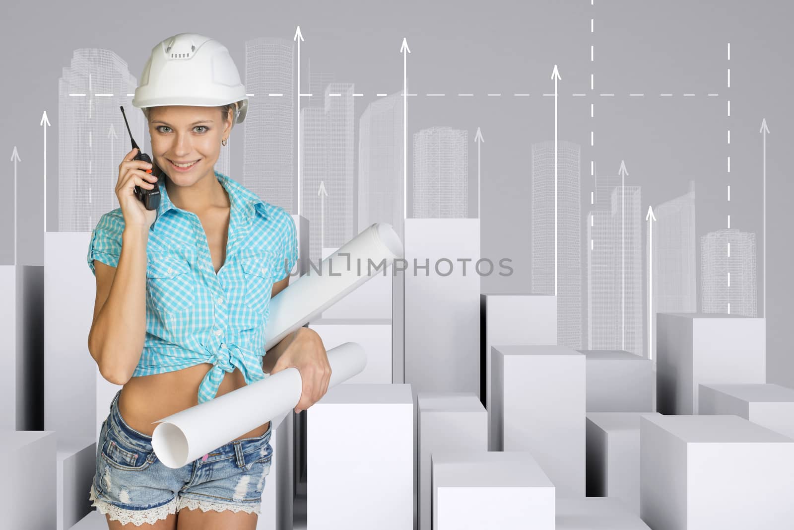 Beautiful girl in working clothes holding walkie-talkie and paper scrolls, looking at camera, smiling. Minimalistic city of white cubes with arrows on gray background