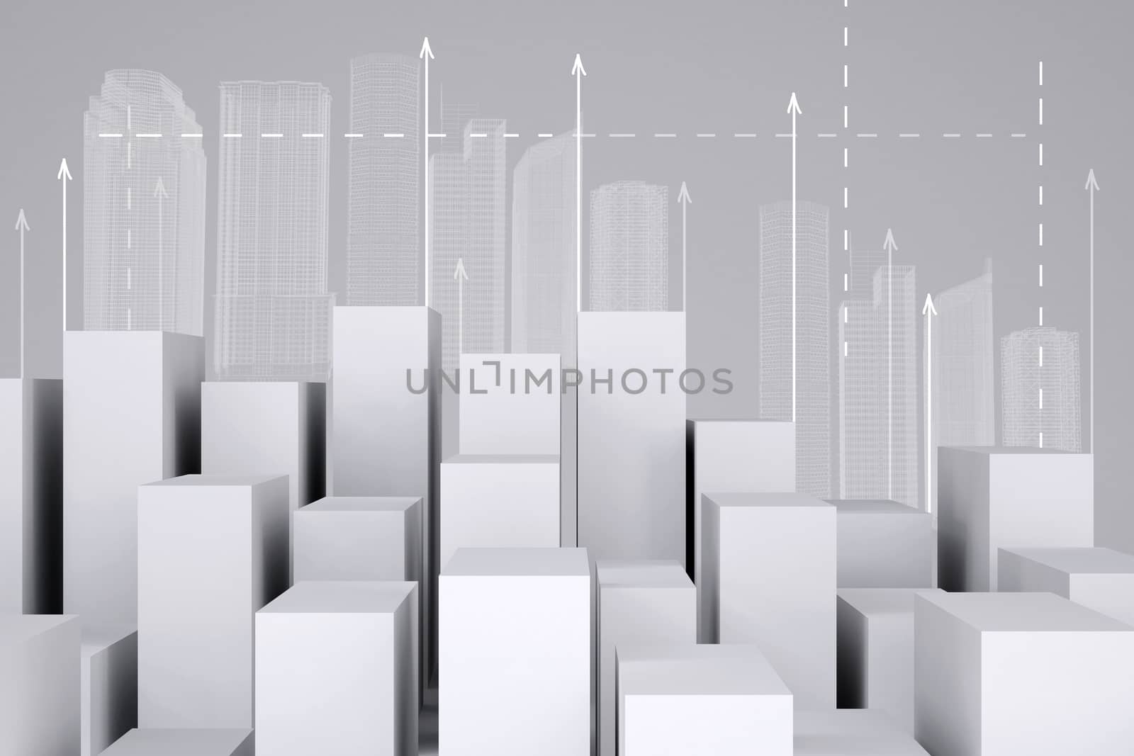 Minimalistic city of white cubes with wire-frame buildings and arrows up on gray background. Cropped image. Concept of urban construction