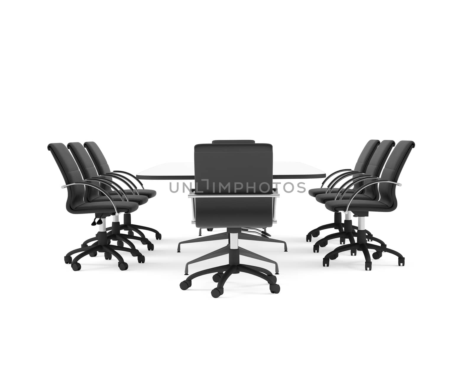 Conference table and black office chairs. Front view. Isolated by cherezoff