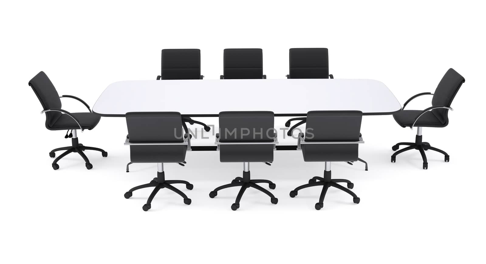 Conference table and eight black office chairs. Isolated render on white background