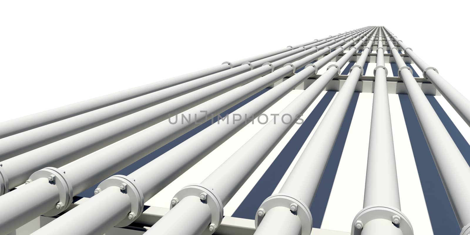 Many industrial pipes stretching into distance. Isolated on white background
