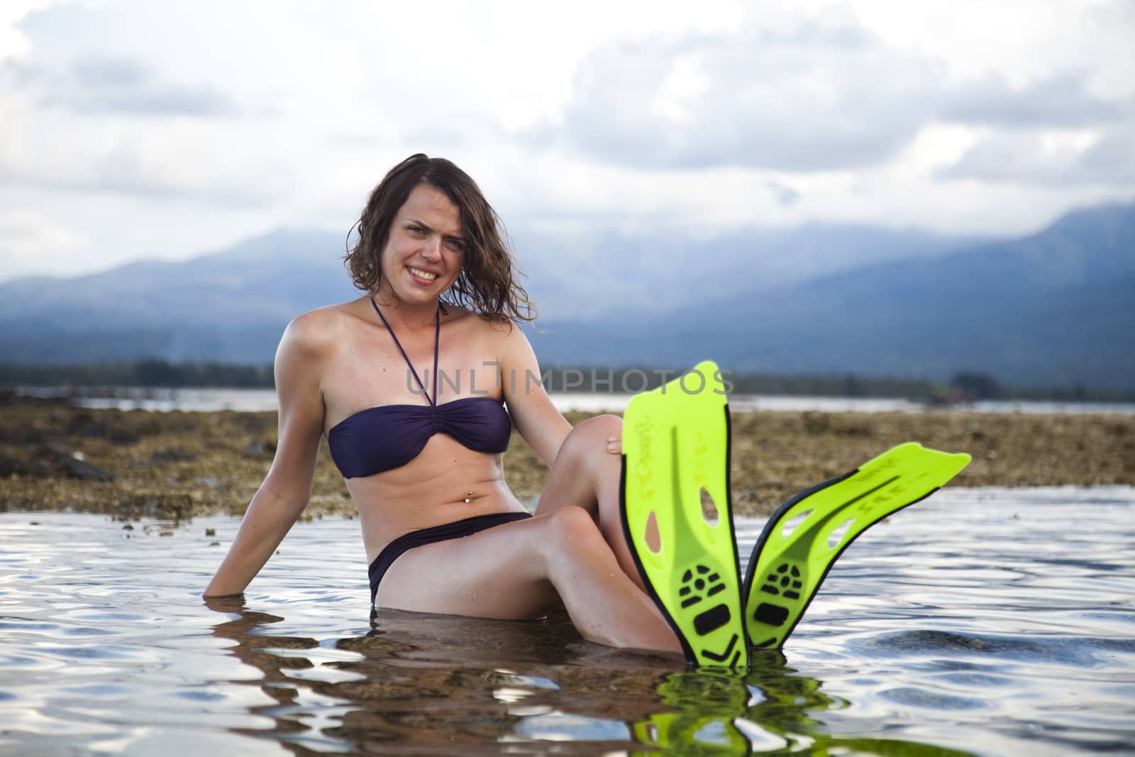 Island woman and diving, bright colorful vivid theme