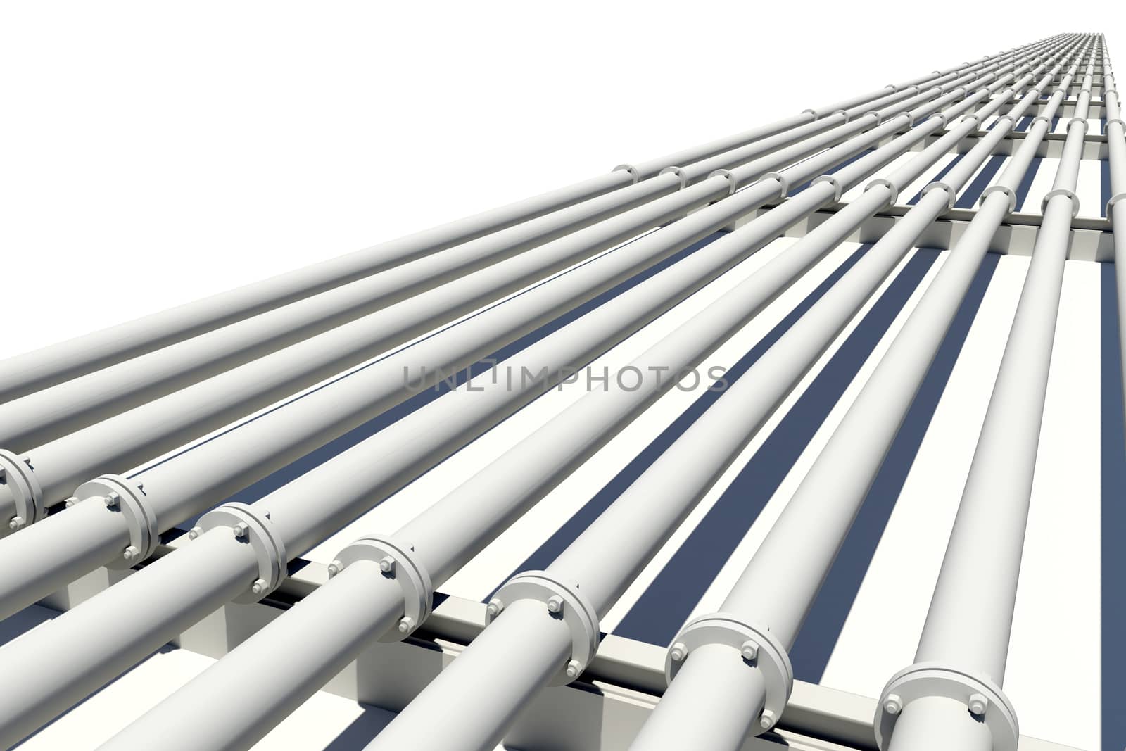 Many pipes stretching into distance. Isolated on white background