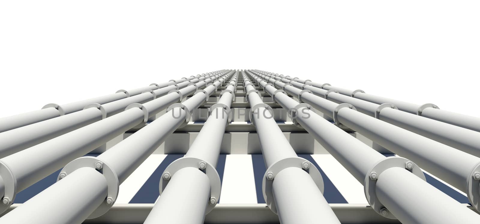 Many white industrial pipes stretching into distance. Isolated on white background