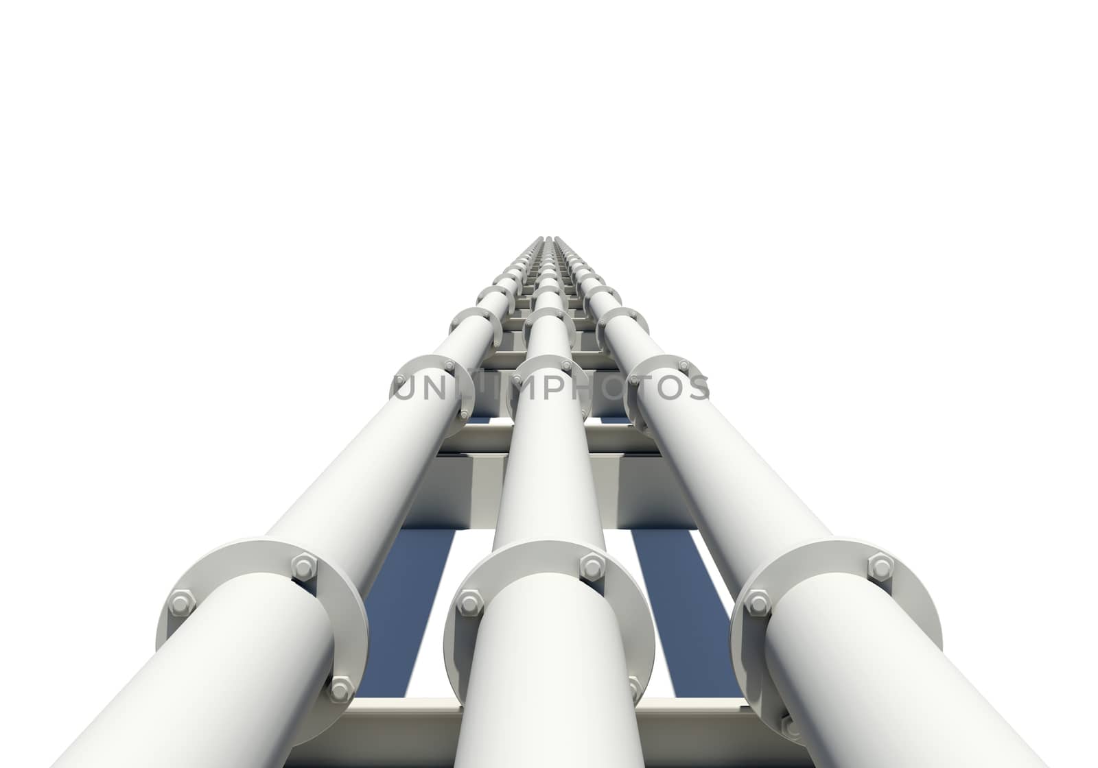 Three white industrial pipes stretching into distance. Isolated on white background. Industrial concept