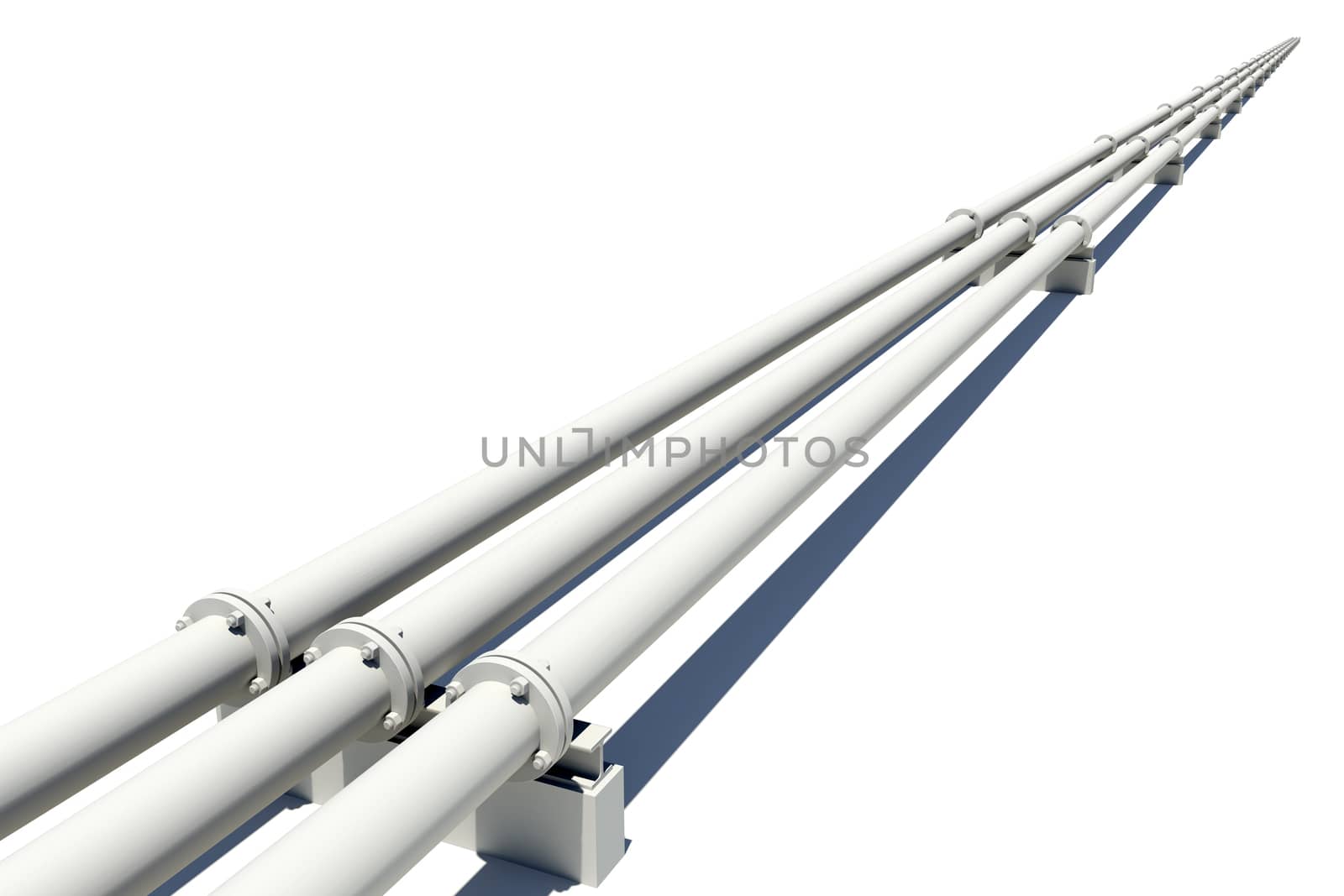 Three white industrial pipes stretching into distance. Isolated on white background