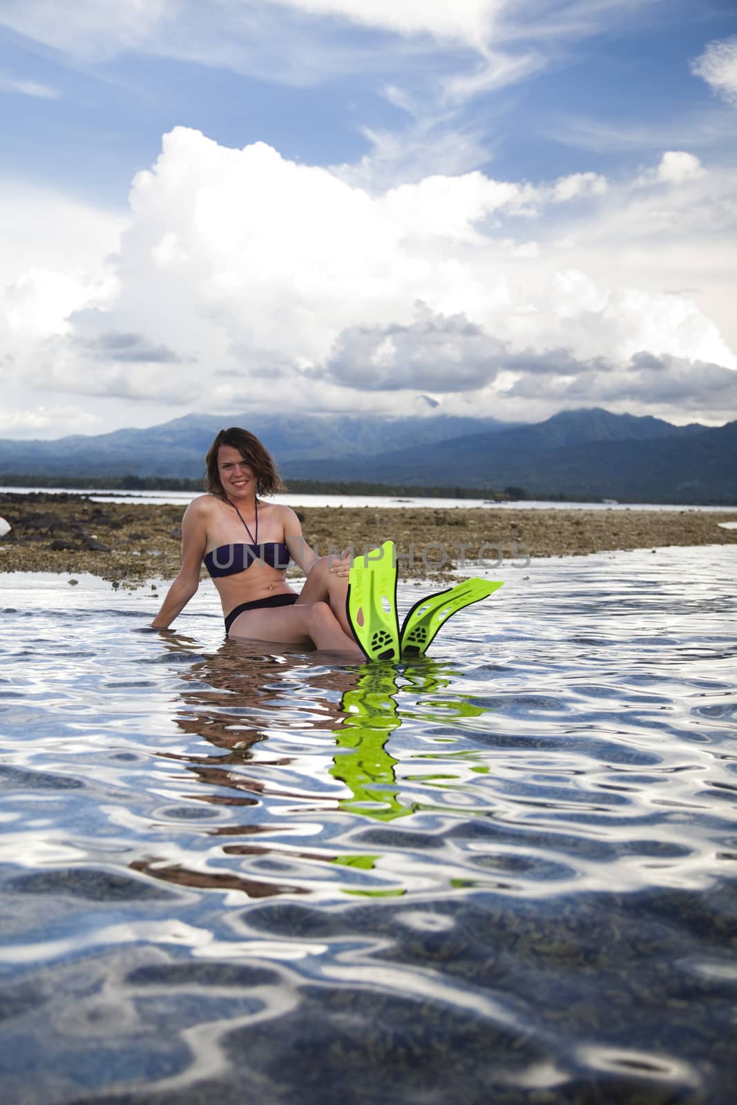 Island woman and diving, bright colorful vivid theme