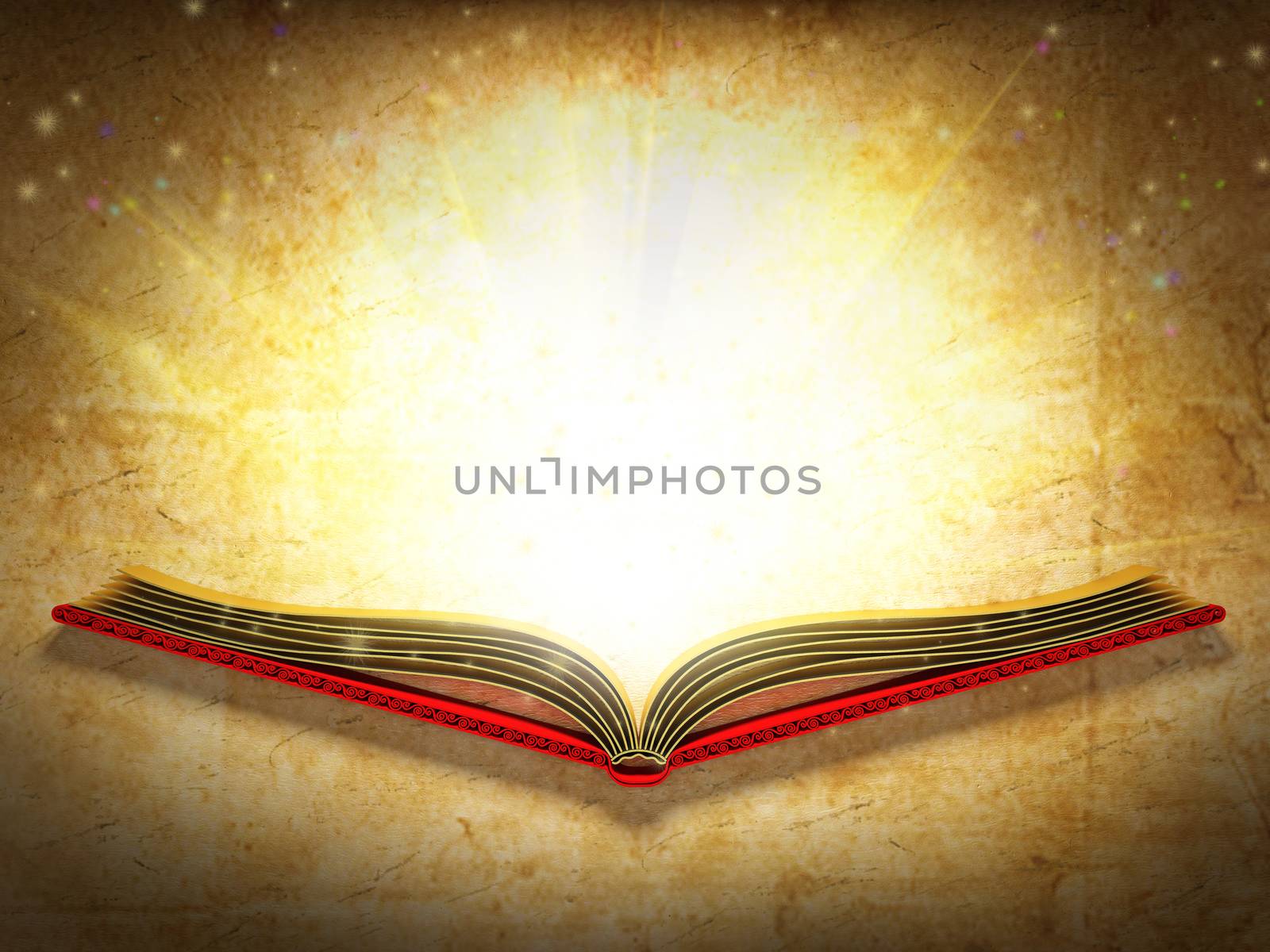 Illustration of opened book shining against the ancient paper background.