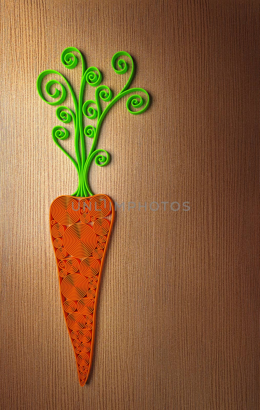 Quilling stylized 3D carrot illustration over wooden table
