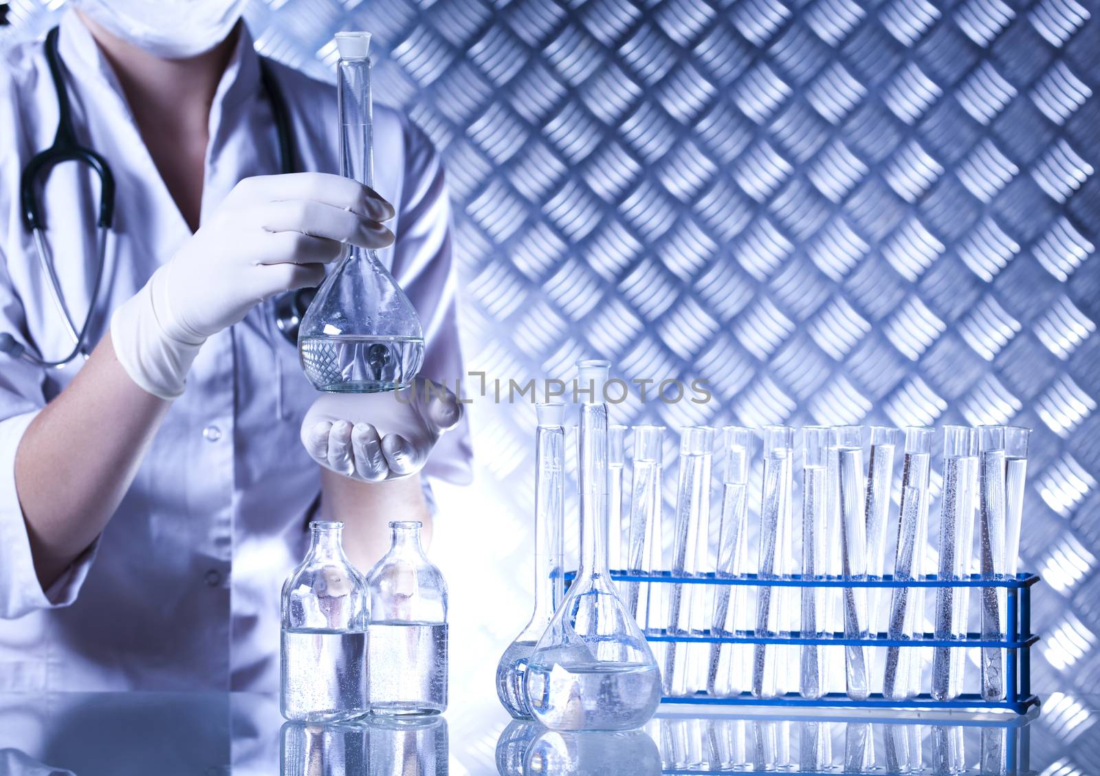 Chemical laboratory glassware, bio organic modern concept