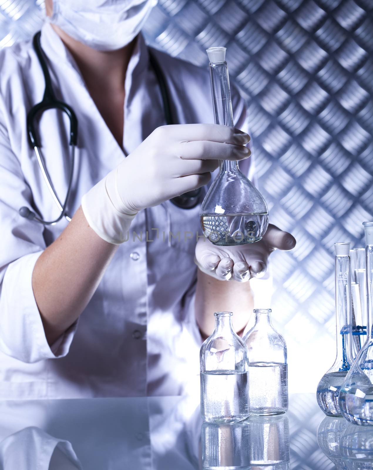 Chemical laboratory glassware, bio organic modern concept