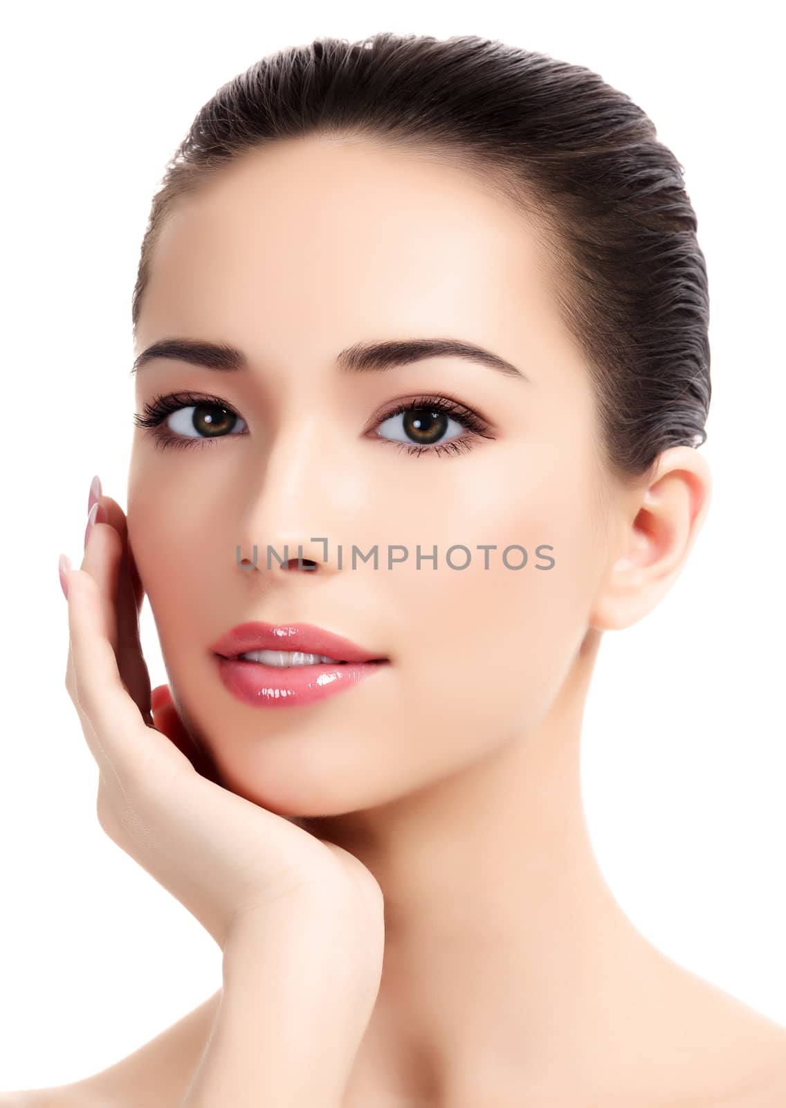 Beautiful girl with clean fresh skin, white background.