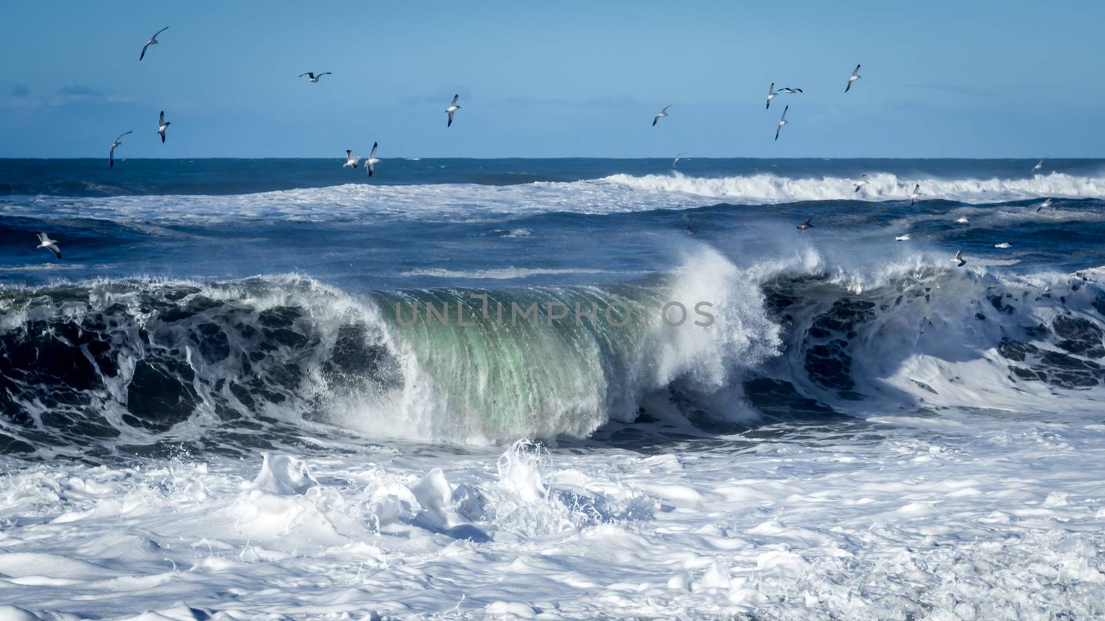 A large wave is crashing on the beach. Color Image. Northern California.
