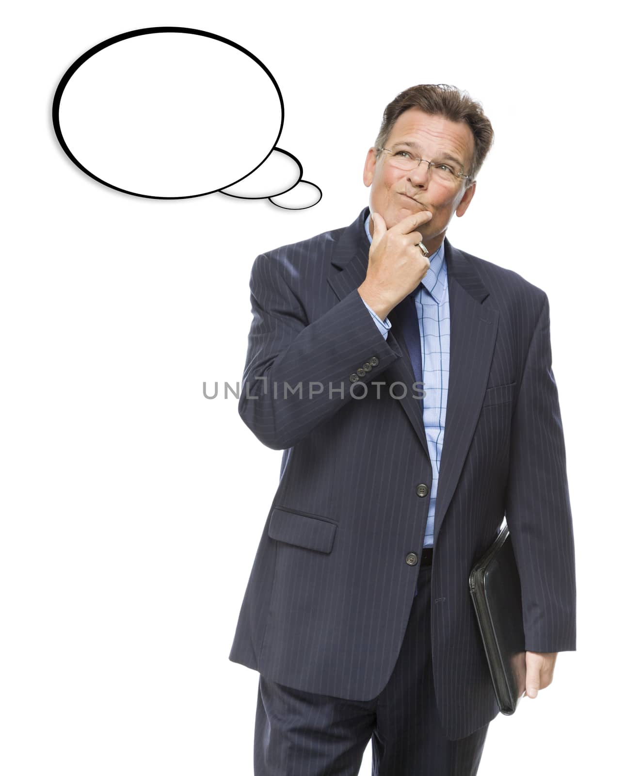 Handsome Pensive Businessman With Hand on Chin Looking Up At Blank Thought Bubble On White.