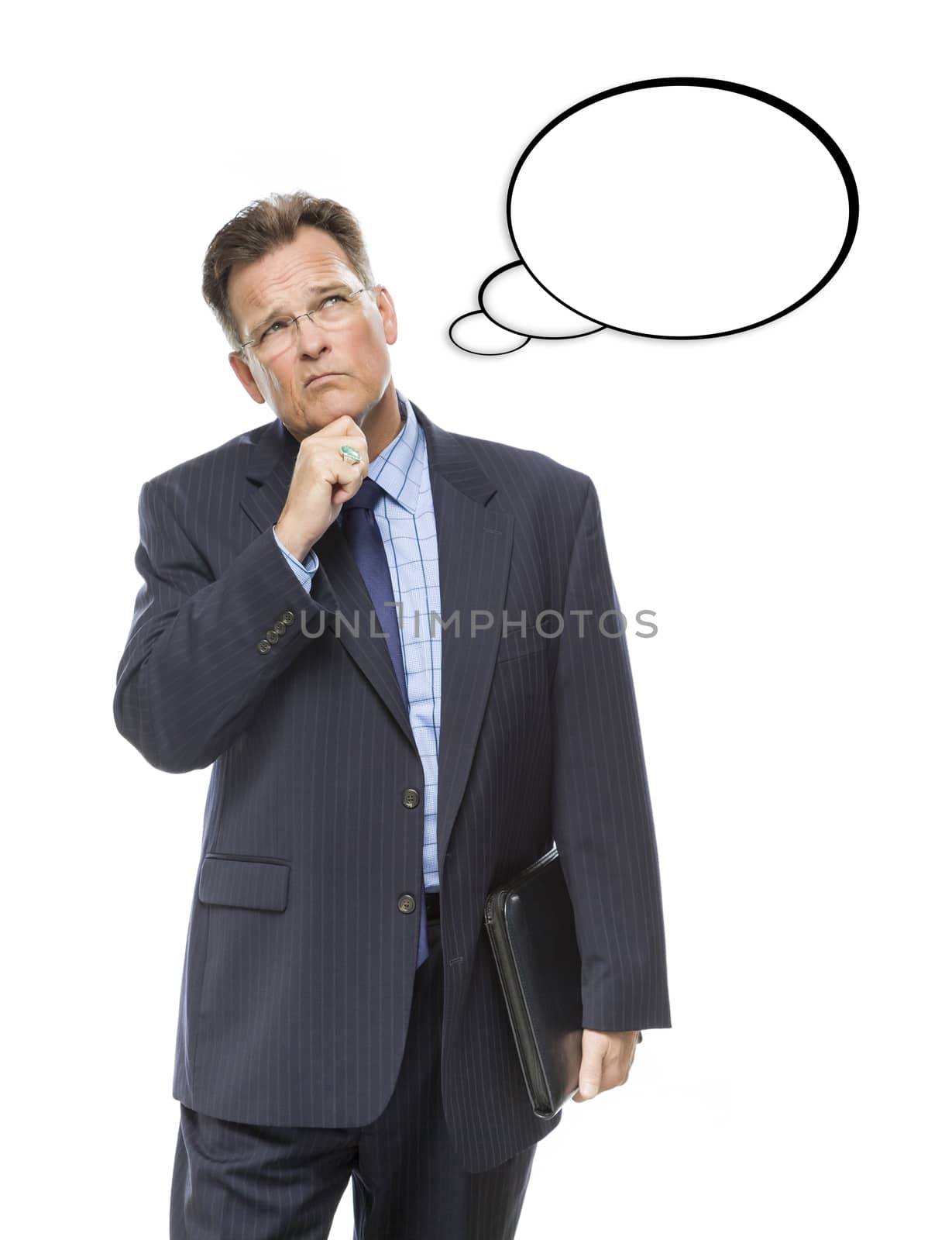 Handsome Pensive Businessman With Hand on Chin Looking Up At Blank Thought Bubble On White.