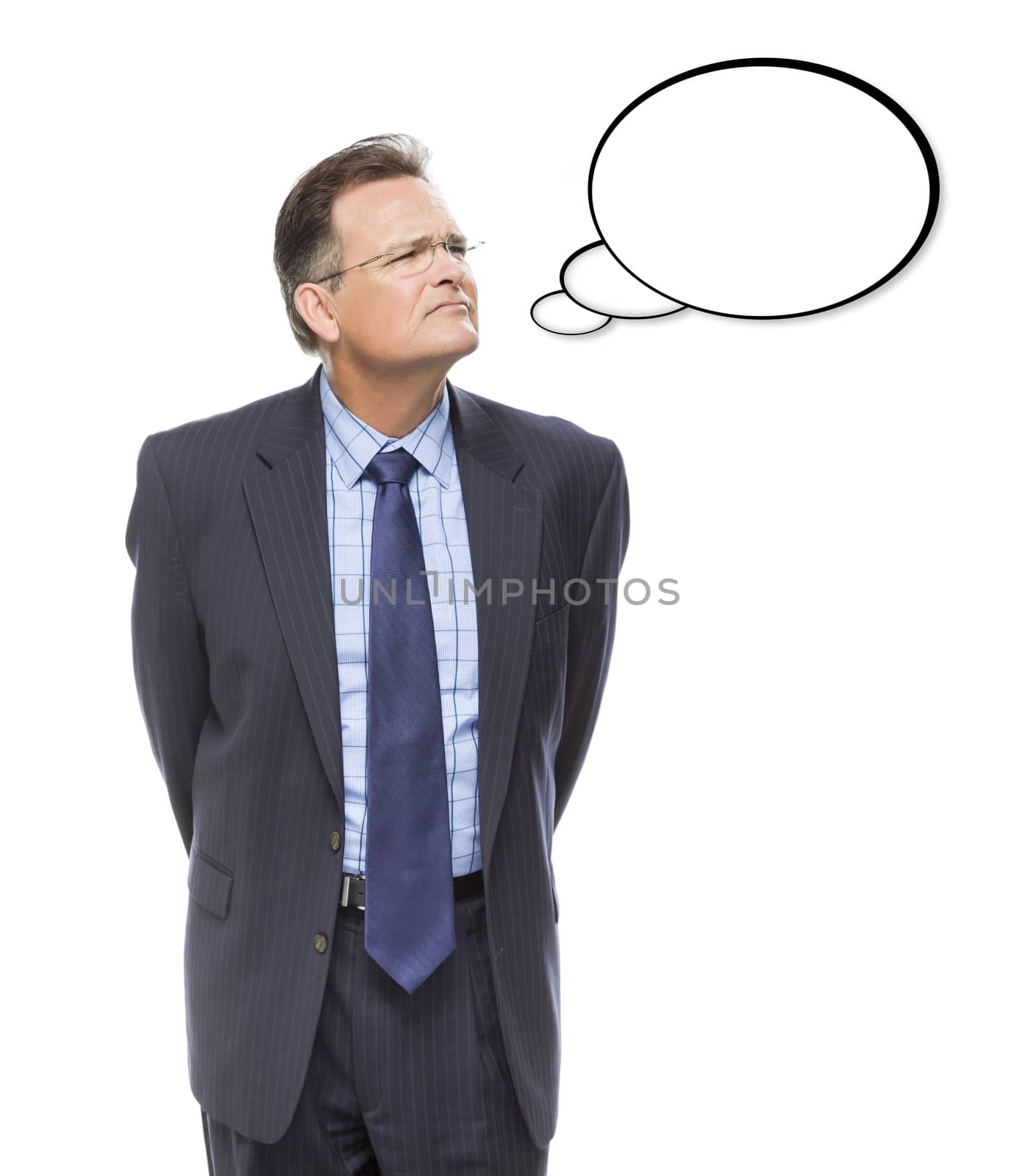 Pensive Businessman Looking Up And Over At Blank Thought Bubble Isolated on a White Background.