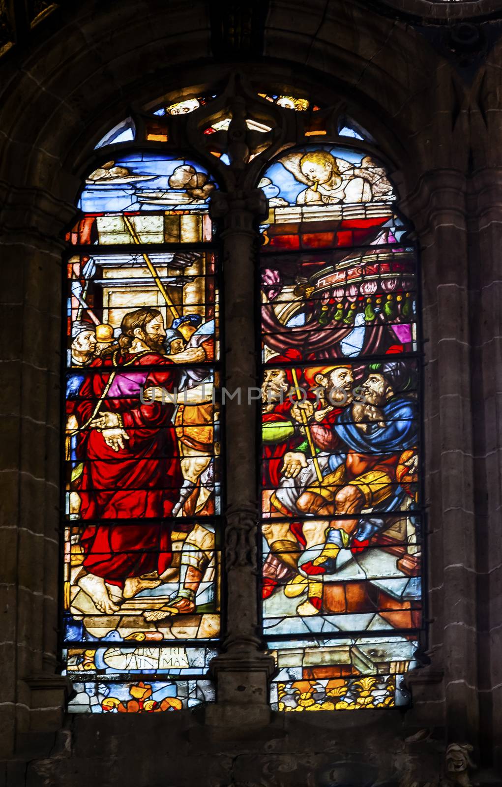 Jesus in Ropes on the Way to Cross Stained Glass Salamanca New Cathedral Castile Spain. The New and Old Cathedrals in Salamanca are right next to each other.  New Cathedral was built from 1513 to 1733 and commissioned by Ferdinand V of Castile, Spain.