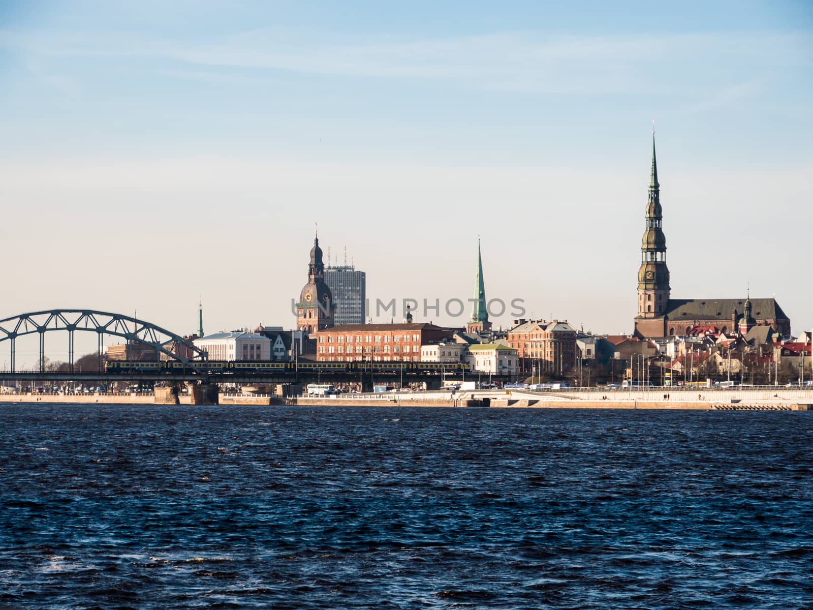Evening view of quay of Daugava in Riga, Latvia