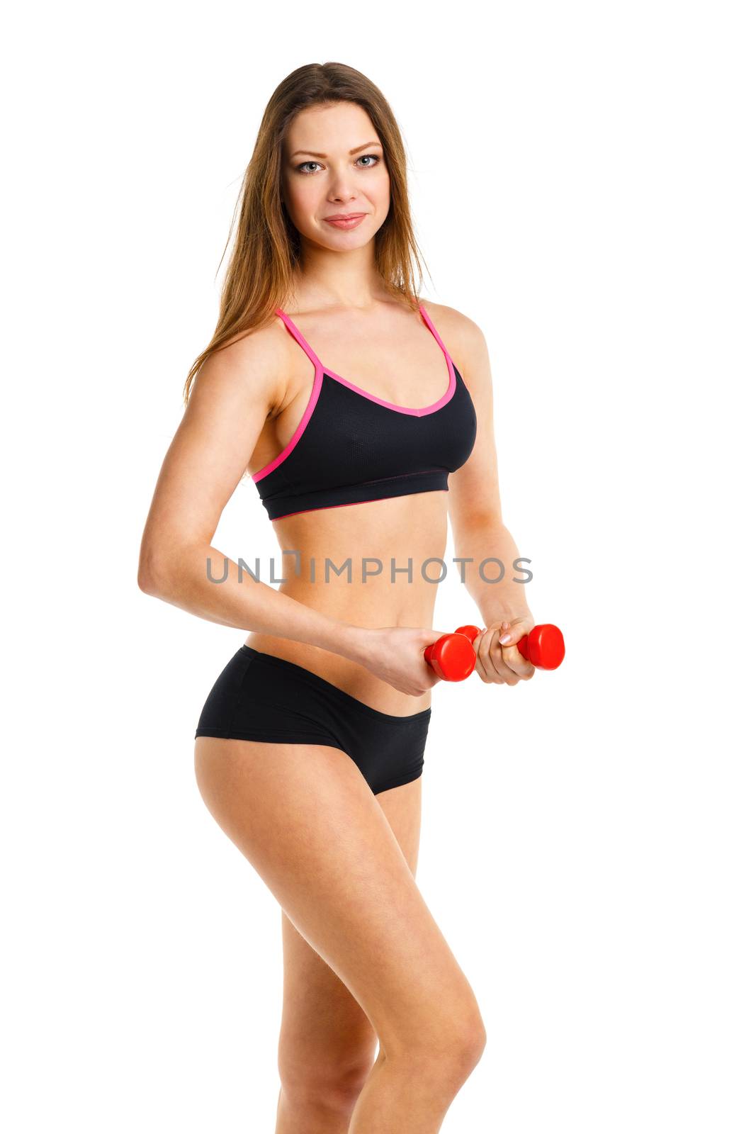Happy athletic woman with dumbbells doing sport exercise, isolat by vlad_star