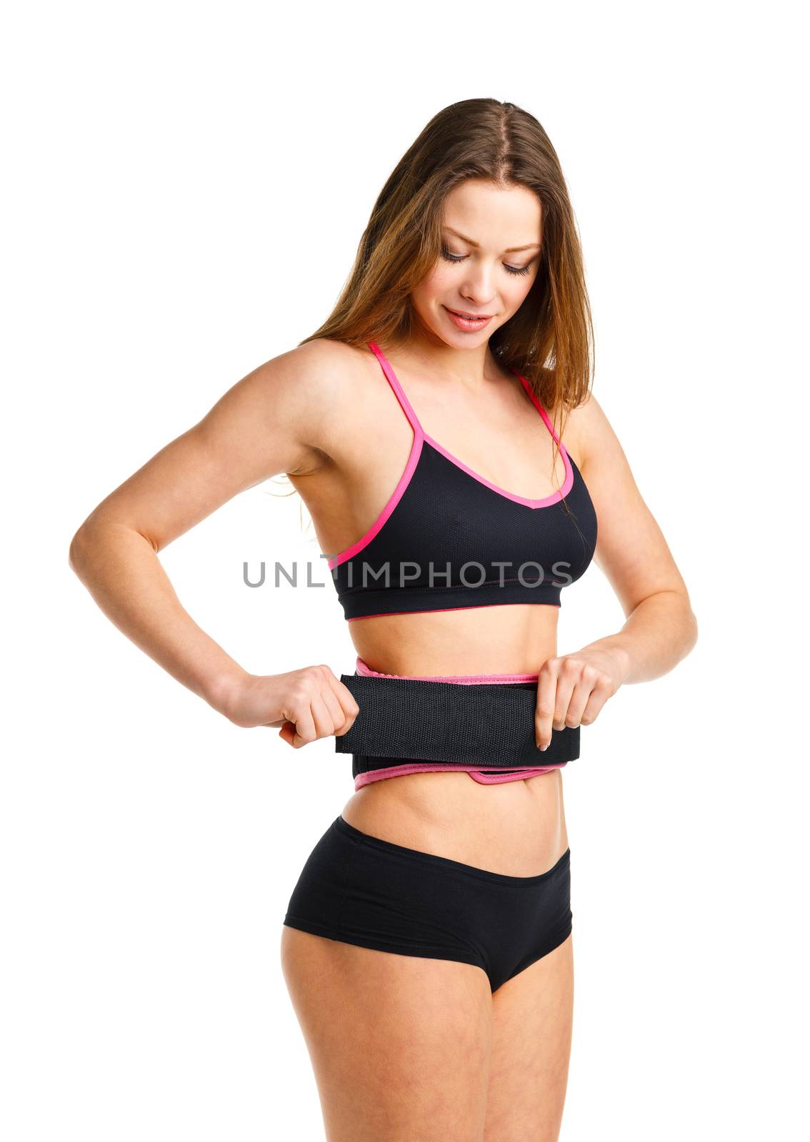 Happy athletic woman doing sport exercise, isolated on white background