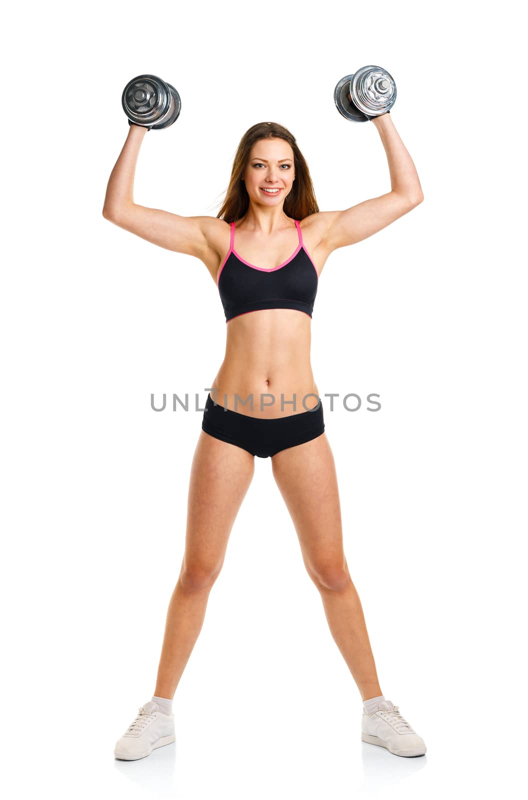 Happy athletic woman with dumbbells doing sport exercise, isolat by vlad_star