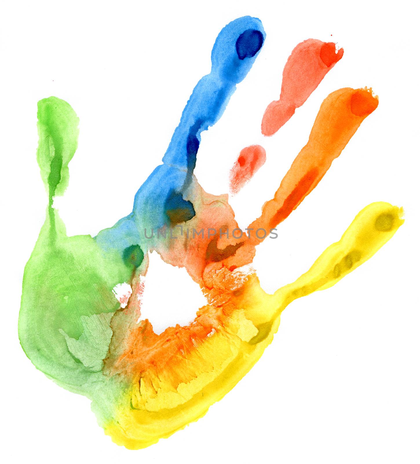 Close up of colored hand print on white background