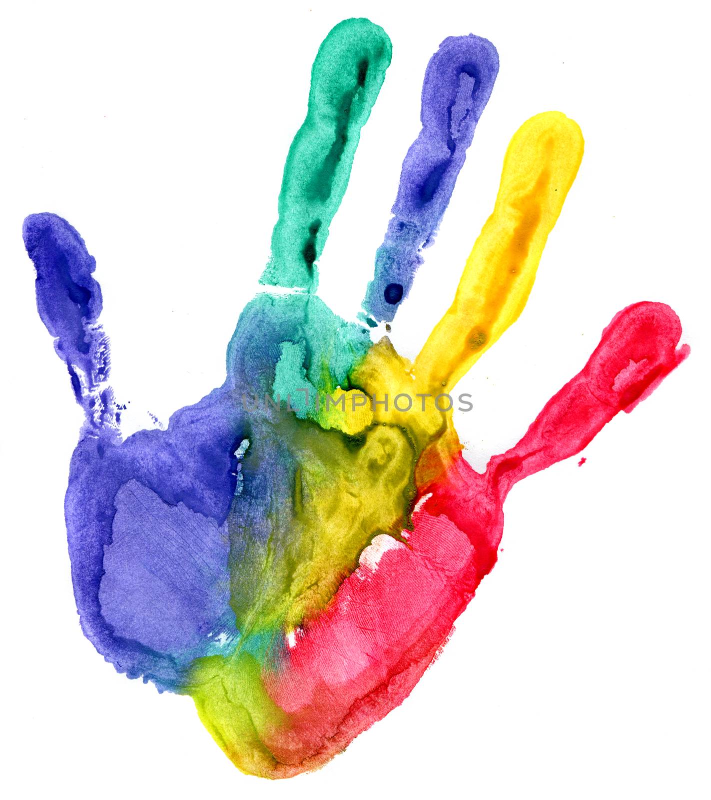 Close up of colored hand print on white background