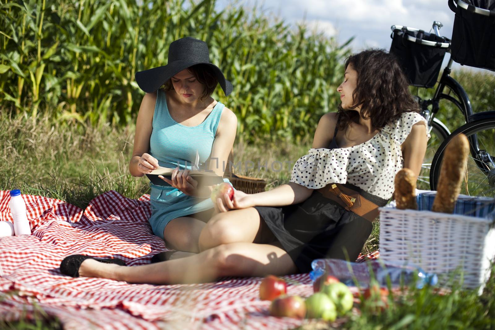 Girls on picnic, summer free time spending