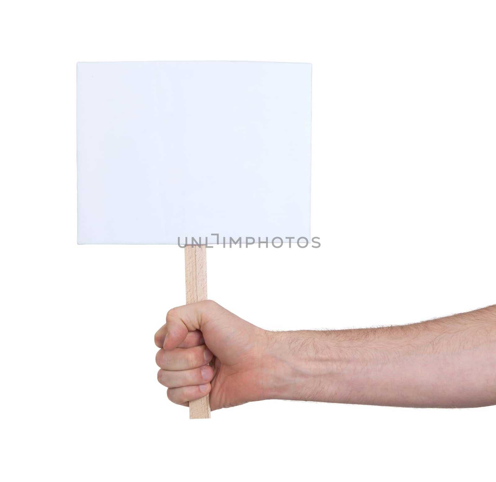 Hand holding sign, isolated on white - blank
