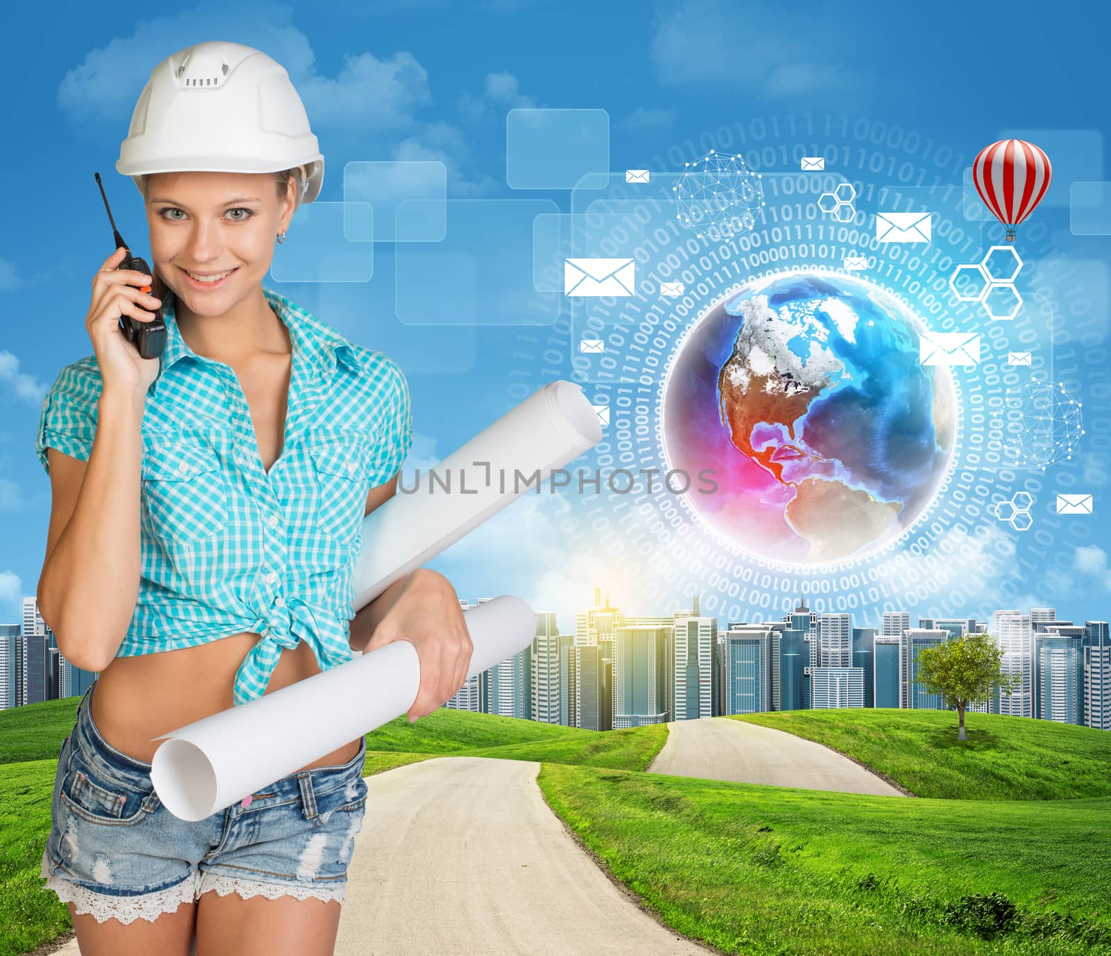 Builder talking on phone. Green hills, road, city and virtual elements by cherezoff