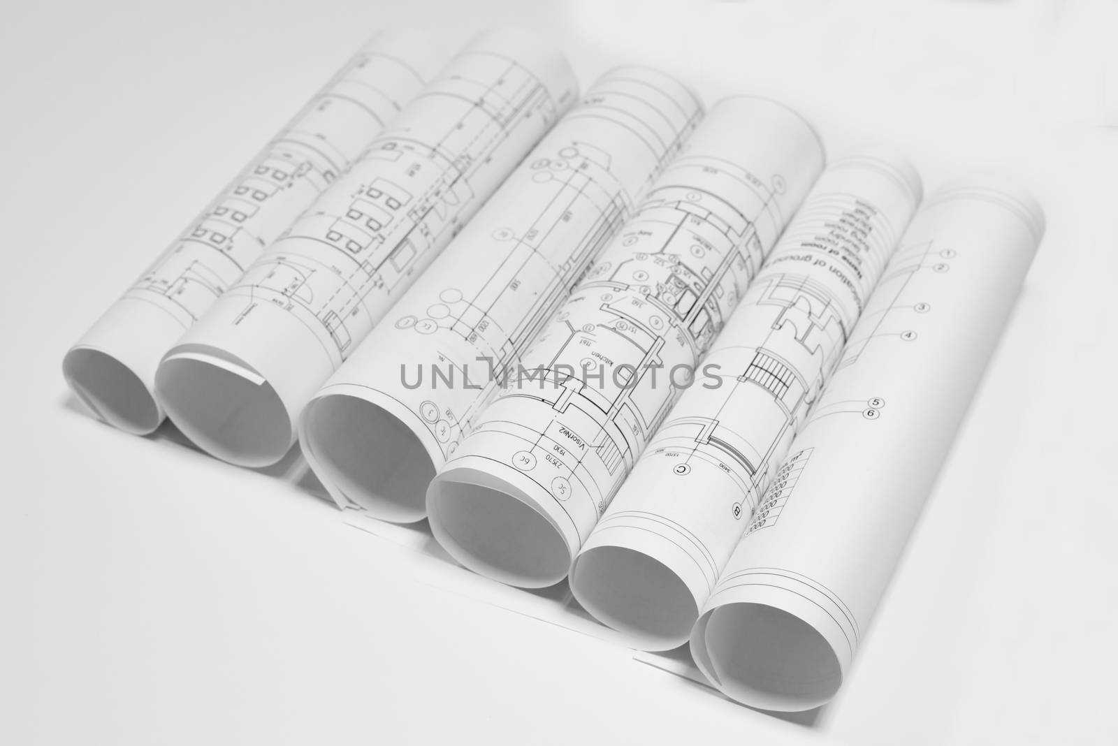 Scrolls architectural drawings on white background. Concept of building