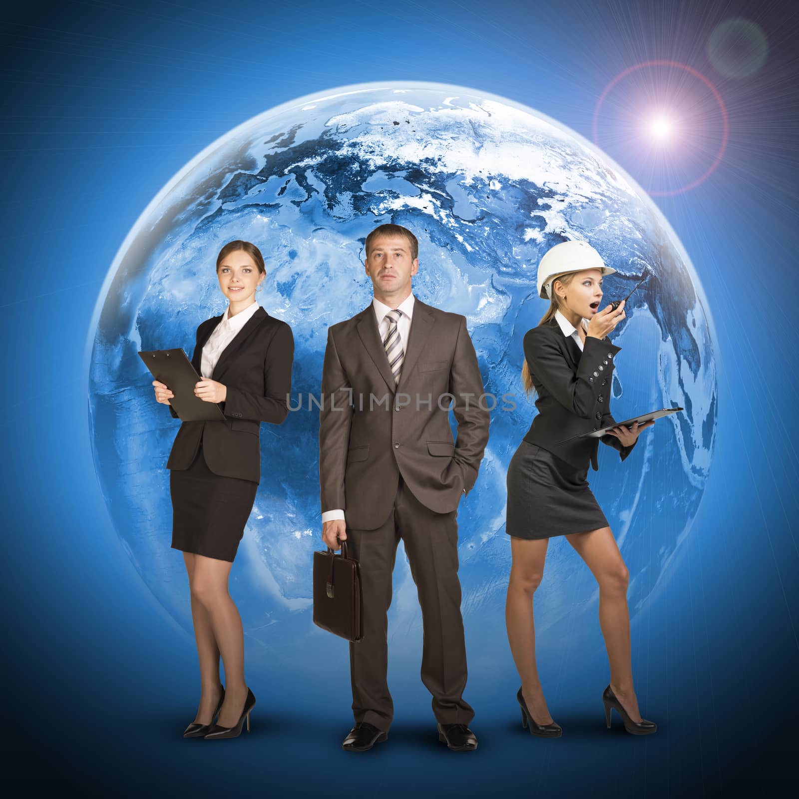 Three business person standing on background of Earth by cherezoff