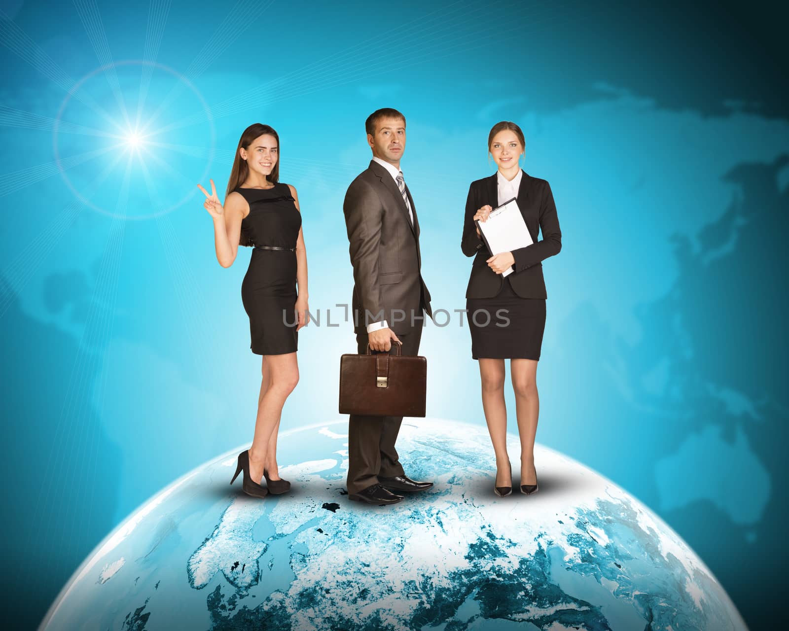 Three business person standing on Earth surface by cherezoff